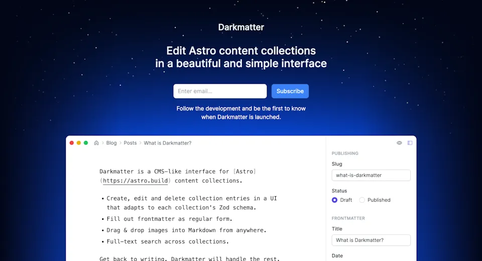 screenshot of the darkmatter app with a Markdown editor on the left and frontmatter editor on the right