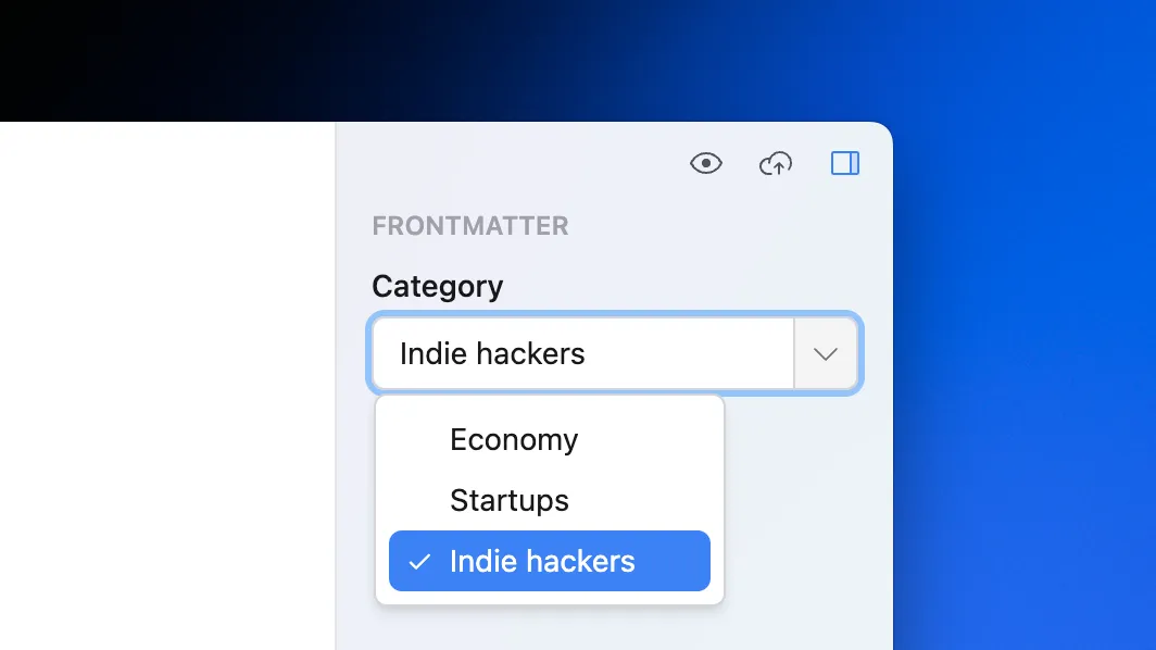 Select field with a dropdown displaying "Economy", "Startups" and "Indie hackers" items