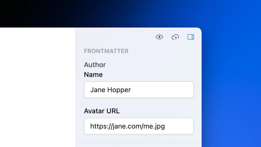 Two text fields labeled "Name" and "Avatar URL" under "Author" section
